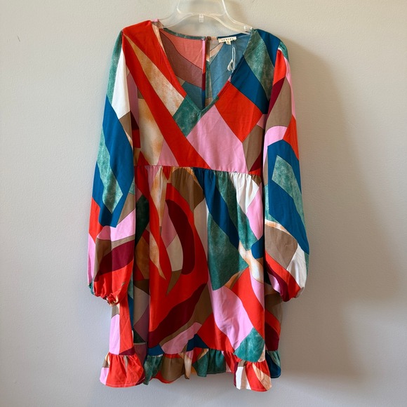 JODIFL Dresses & Skirts - NWT Jodifl Geometric Print Babydoll Frill Dress | Multicolor | Size Large